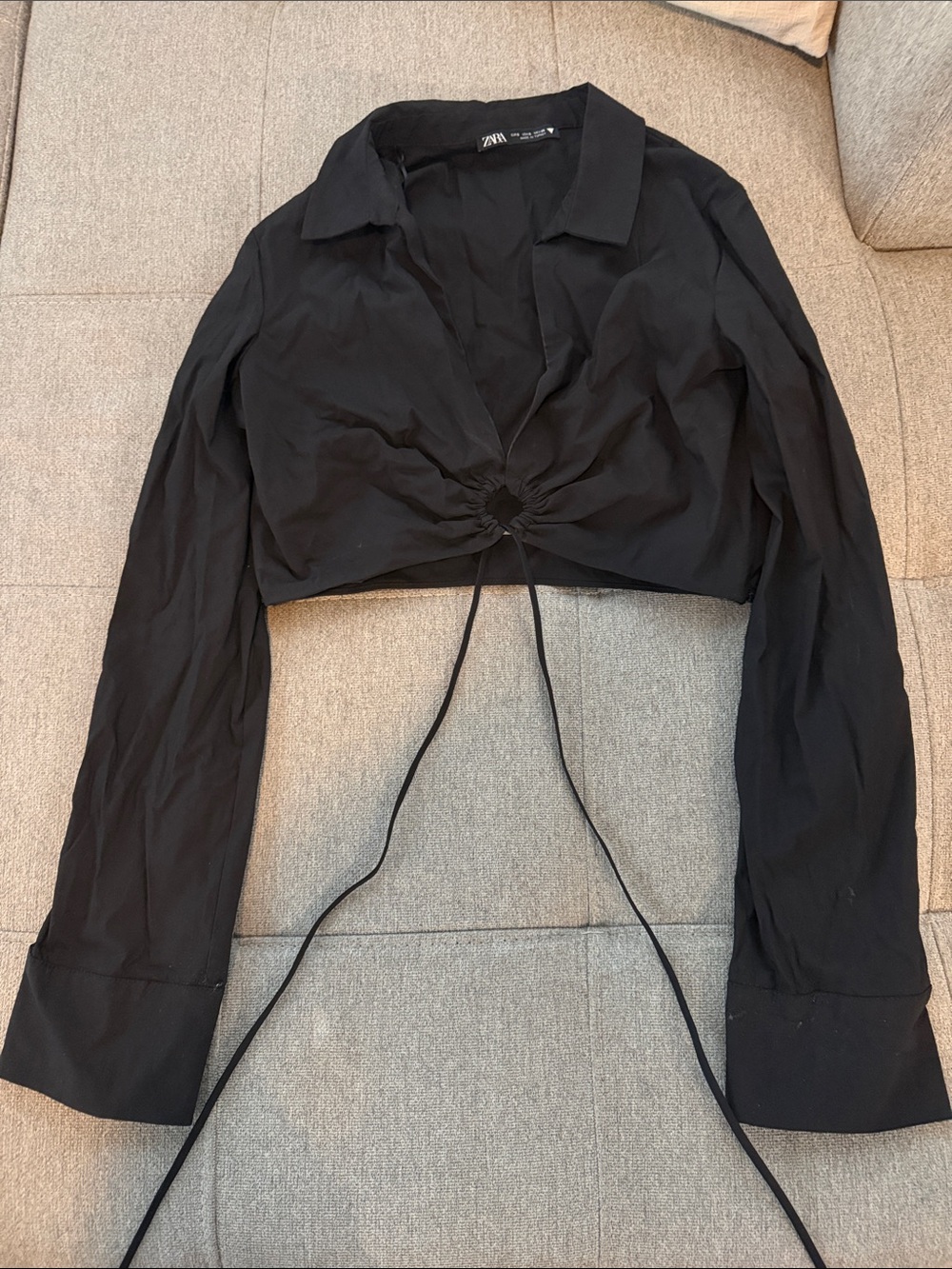 Zara Black Cropped Drawstring Long-Sleeve Button-Down
